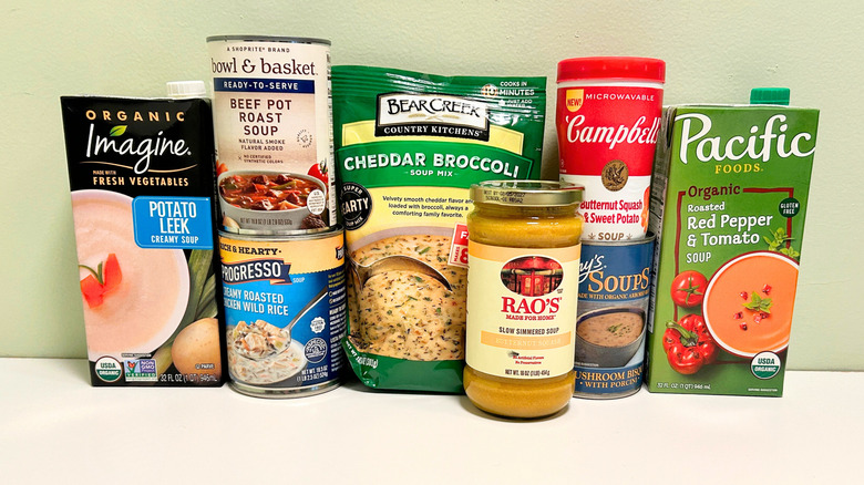 Several fall soups arranged together against a green and white background