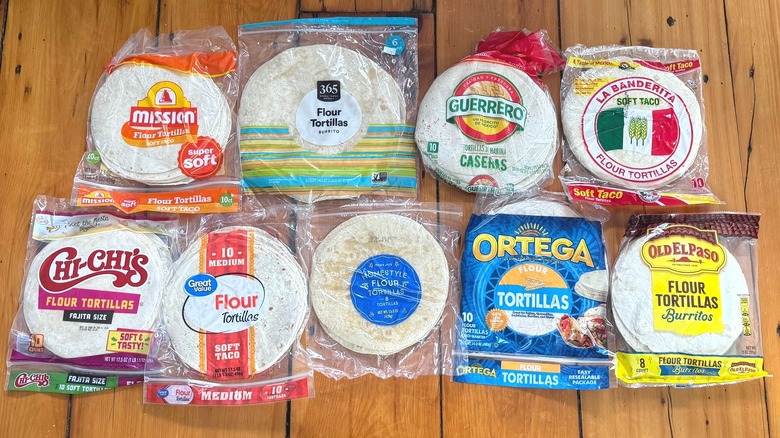 Various brands of soft tortillas in their packaging