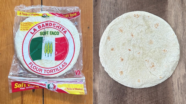 La Banderita flour tortillas, in and out of the packaging