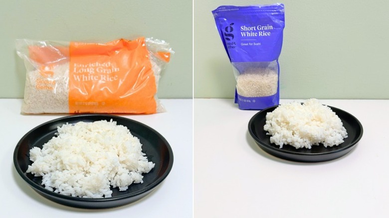 Bags of Good & Gather White Rice next to black plates of rice