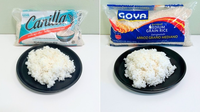 Bags of Goya White Rice next to black plates of rice