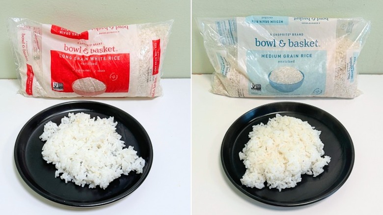Bags of Bowl and Basket White Rice next to black plates of white rice
