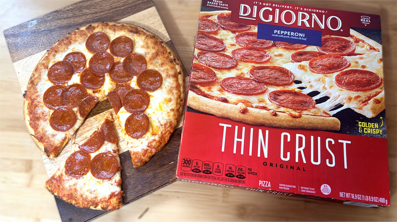 cooked digiorno pepperoni pizza on left and boxed pizza on right