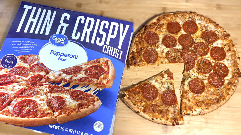 boxed great value pepperoni pizza on left and cooked pizza on right