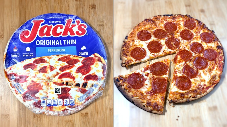 packaged jacks pepperoni pizza on left and cooked pizza on right