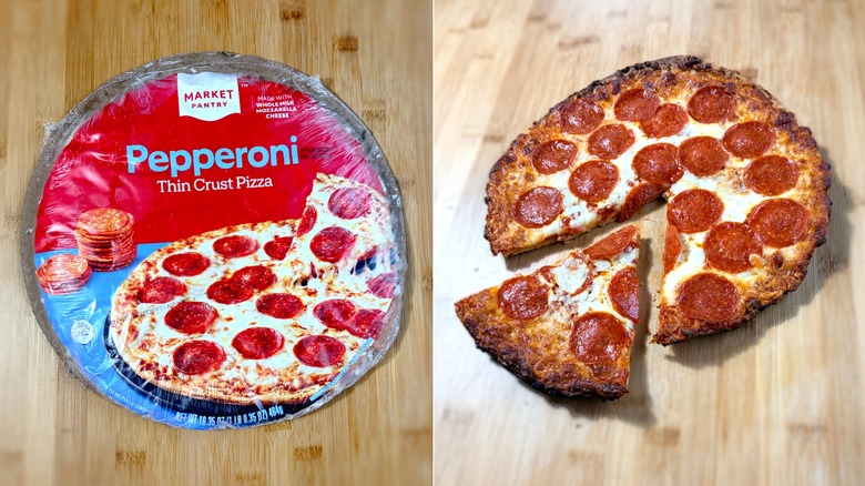 packaged market pantry pepperoni pizza on left and cooked pizza on right