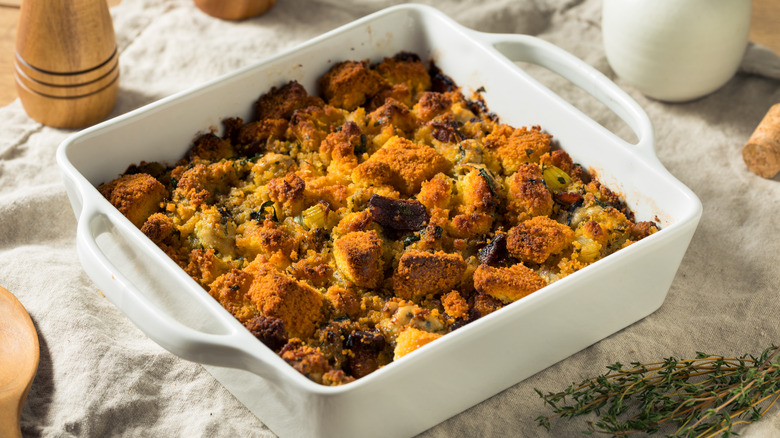 cornbread stuffing in white dish