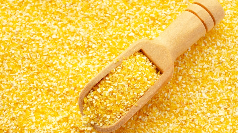 yellow cornmeal with wooden spoon