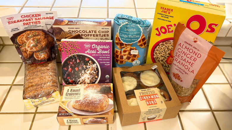 A selection of Trader Joe's breakfast items against a white tile countertop