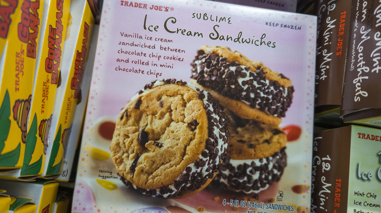 A photo of a box of Trader Joe's Sublime Ice Cream Sandwiches inside a display at the store