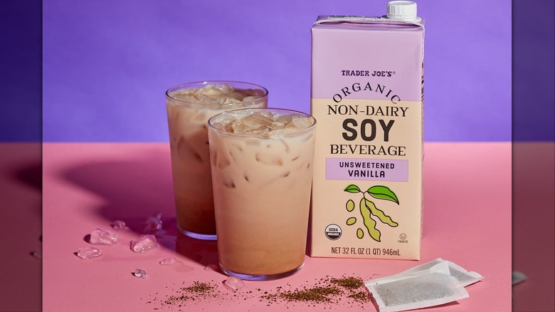 Trader Joe's Organic Non-Dairy Soy Vanilla Beverage, with two tan-colored glasses of the same