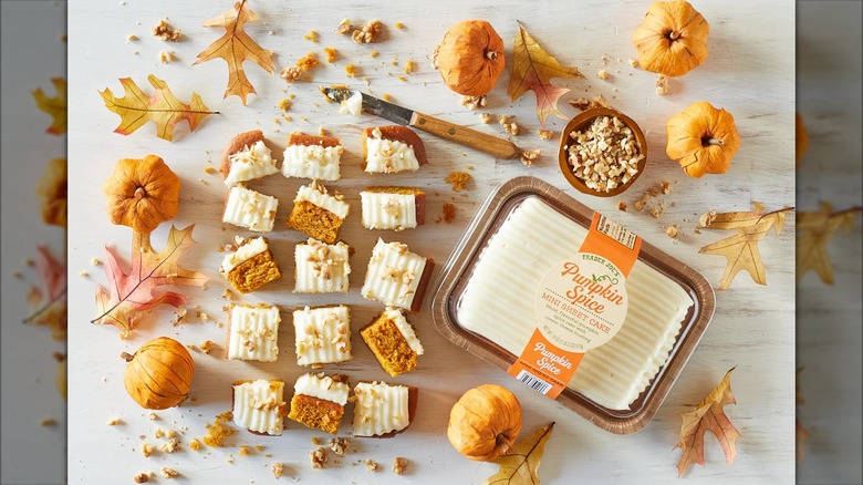 2 Pumpkin Spice Mini Sheet Cakes, one in package and the other cut up and topped with a crumble
