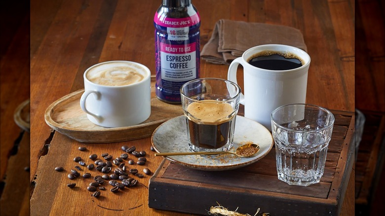 Trader Joe's Ready to Use Espresso Coffee, poured into a variety of cups