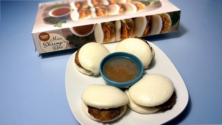 package and plate of mini shrimp bao buns with dipping sauce