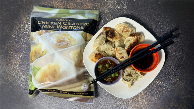 package and plate of mini wontons with dipping sauce and chopsticks