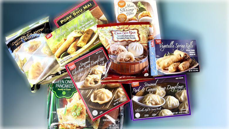 various packages of trader joes frozen dim sum dishes