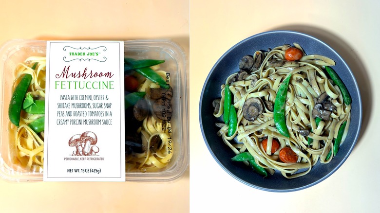 Packaged and cooked and plated pasta with vegetables