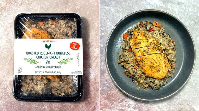 Packaged and cooked and plated chicken and rice