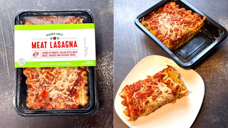 Packaged and cooked and plated lasagna