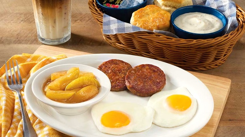 Cracker Barrel Breakfast with eggs, apples, and sausage