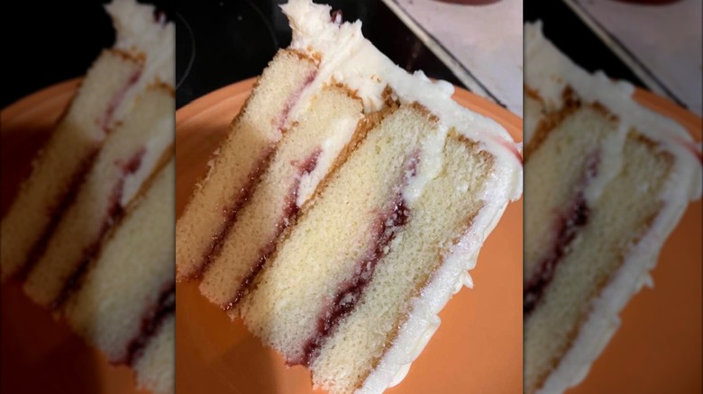 A Raspberry Elegance Cake slice from Publix on an orange plate