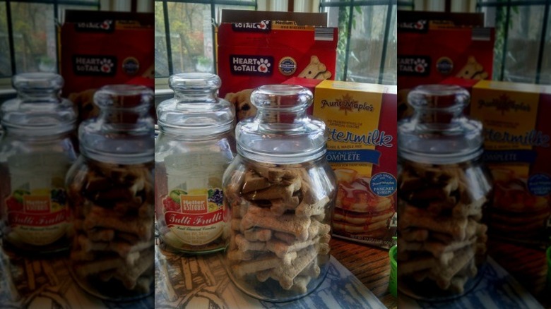 Two tall glass jars repurposed, one holding bone-shaped dog treats.