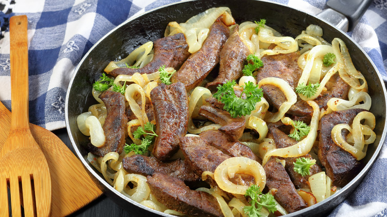 Liver and onions in saute pan