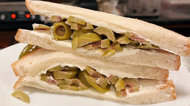 Cream cheese and olive sandwich