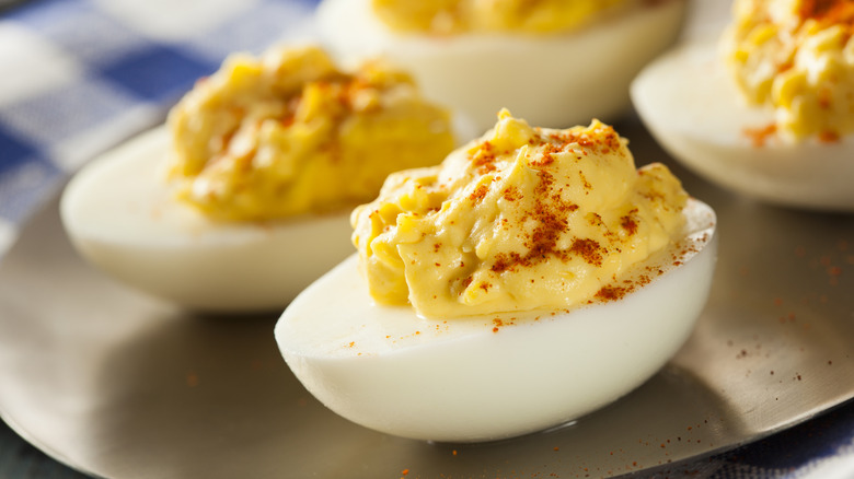 Close up of deviled eggs with selective focus
