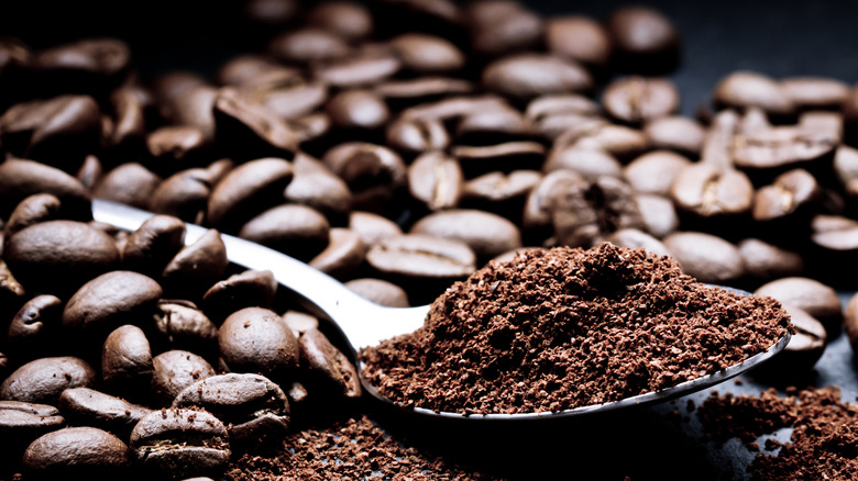 A pile of coffee beans with a spoon and grounds of coffee in it