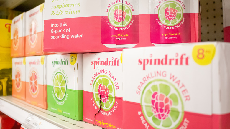 A display of Spindrift sparkling water on a grocery store shelf
