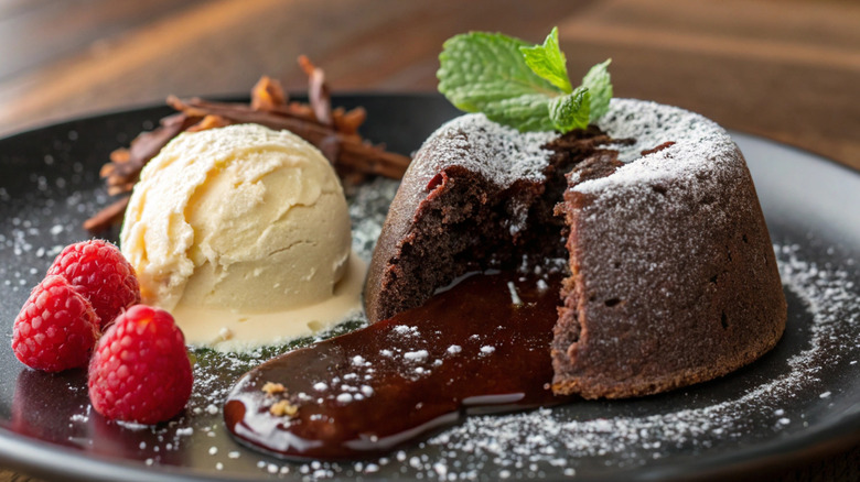 Chocolate lava cake with a scoop of ice cream and fresh raspberries