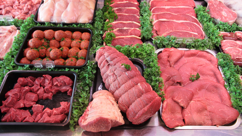 Butcher's counter with meats, poultry