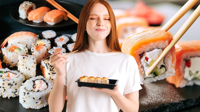 A woman enjoying sushi