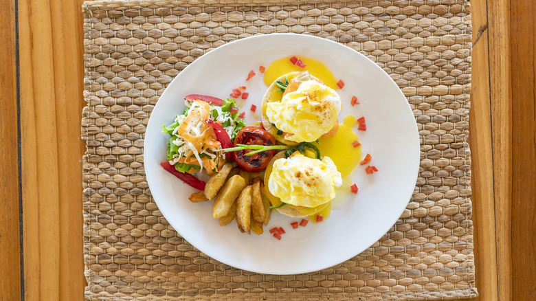 Top view of eggs Benedict