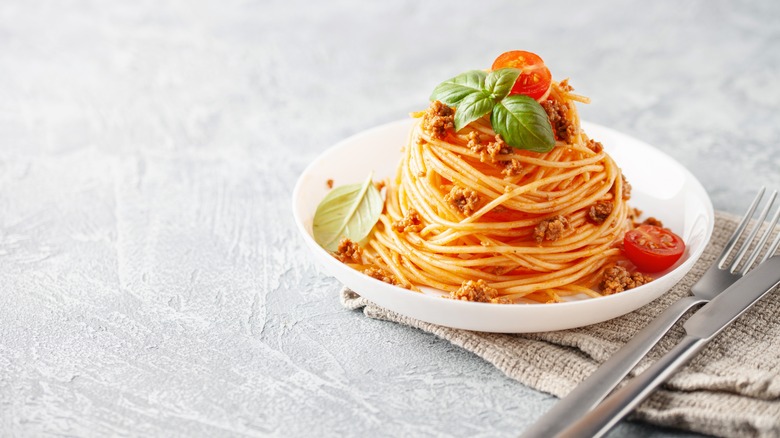Spaghetti Bolognese on white plate
