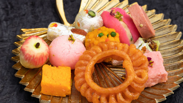 Plate of colorful Indian sweets