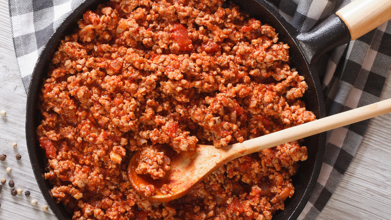 Bolognese sauce in pan