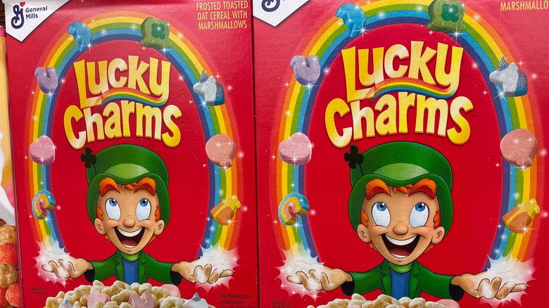 two boxes of lucky charms cereal 