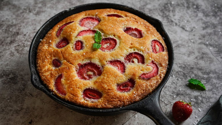 Strawberry cake in skillet