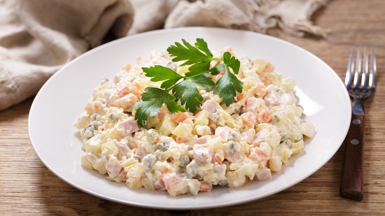 Ensalada rusa, or Dominican potato salad, served on a plate