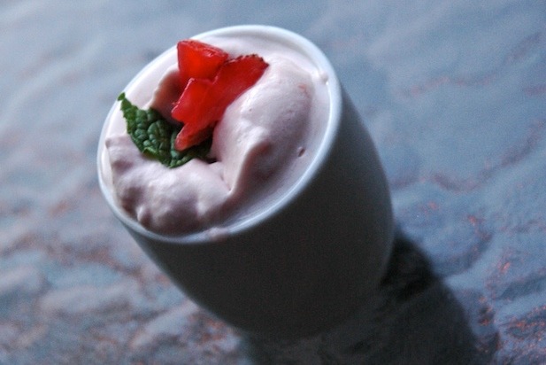 EN Japanese Brasserie's Warm Sake (Dassai 50) with Strawberry Whipped Cream. 