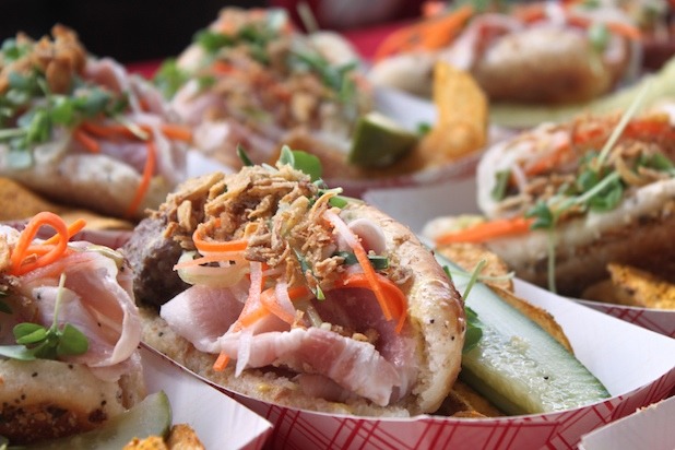 Pork Belly Pastrami Meatball Bahn Mi and Muchim Pickles