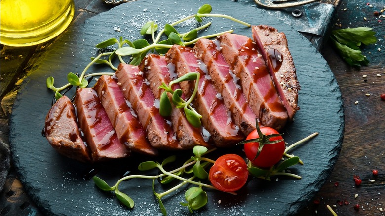 Seared tuna sliced and plated