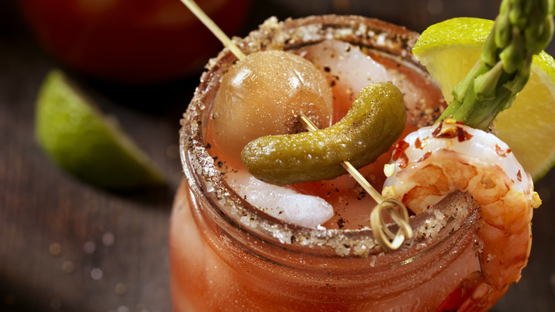 Bloody Mary with shrimp, pickle, and asparagus