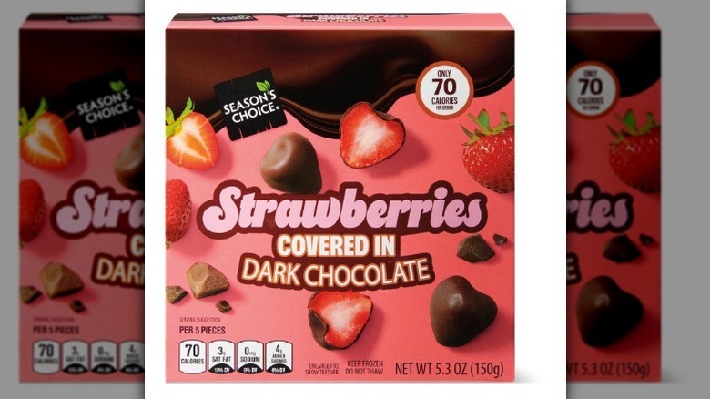Box of Season's Choice Strawberries Covered in Dark Chocolate against white background.