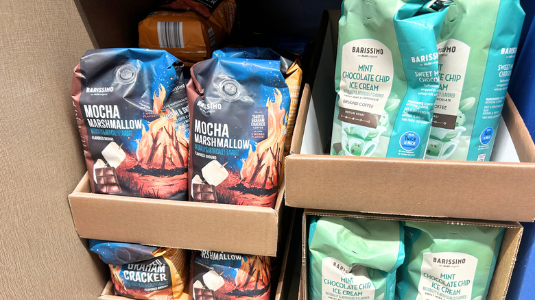 Bags of Barrisimo Mocha Marshmallow on the shelf in Aldi alongside other Barrisimo coffee flavors