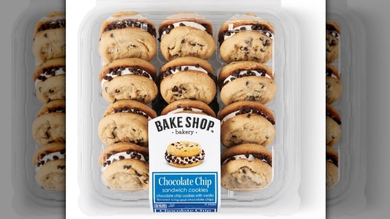 Chocolate chip cookie sandwiches on white background