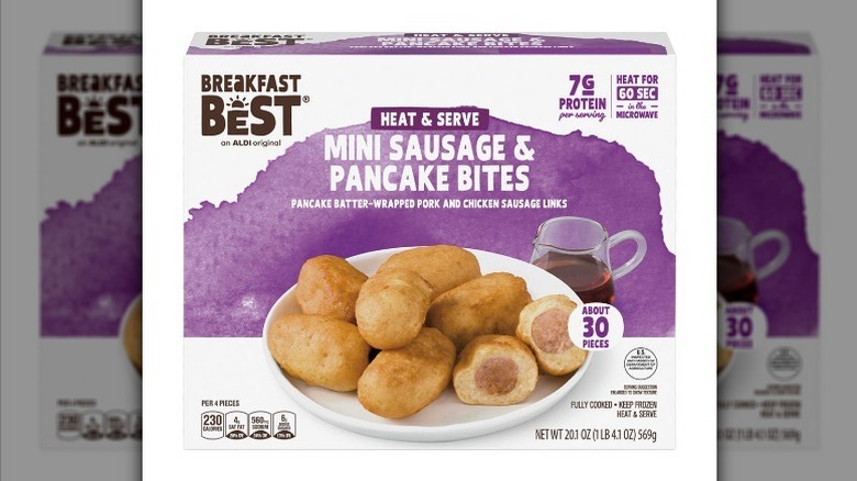 Mini sausage pancake bites on white background
