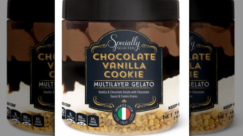 Chocolate vanilla cookie gelato on white background